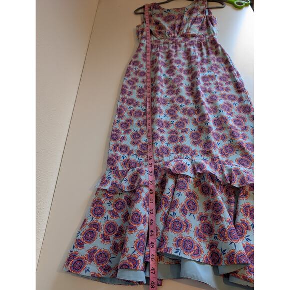 Saloni Midi Dress Adrienne Ciel Dragonfruit Ruffle Silk Floral Blue Size 4 - Picture 13 of 13